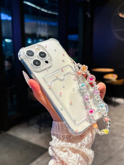 Shockproof Heart-Shaped Element Cardholder Phone Case Colorful Heart-Shaped Card Holder Anti-Drop Phone Case Comes With A Beaded Wrist Strap Lanyard, Compatible With IPhone Apple 14 Pro Max, 13, 15, 1