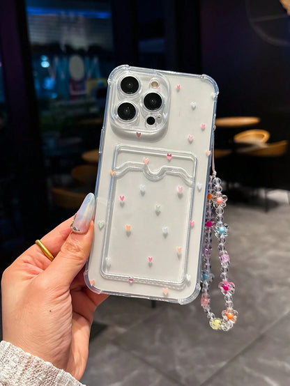 Shockproof Heart-Shaped Element Cardholder Phone Case Colorful Heart-Shaped Card Holder Anti-Drop Phone Case Comes With A Beaded Wrist Strap Lanyard, Compatible With IPhone Apple 14 Pro Max, 13, 15, 1