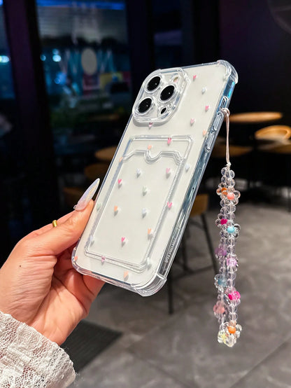 Shockproof Heart-Shaped Element Cardholder Phone Case Colorful Heart-Shaped Card Holder Anti-Drop Phone Case Comes With A Beaded Wrist Strap Lanyard, Compatible With IPhone Apple 14 Pro Max, 13, 15, 1