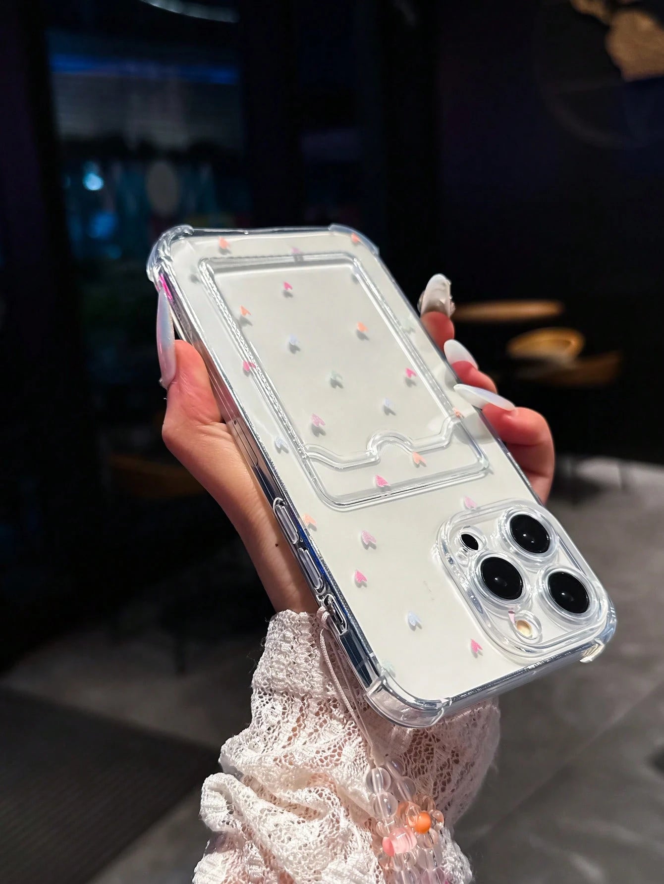 Shockproof Heart-Shaped Element Cardholder Phone Case Colorful Heart-Shaped Card Holder Anti-Drop Phone Case Comes With A Beaded Wrist Strap Lanyard, Compatible With IPhone Apple 14 Pro Max, 13, 15, 1