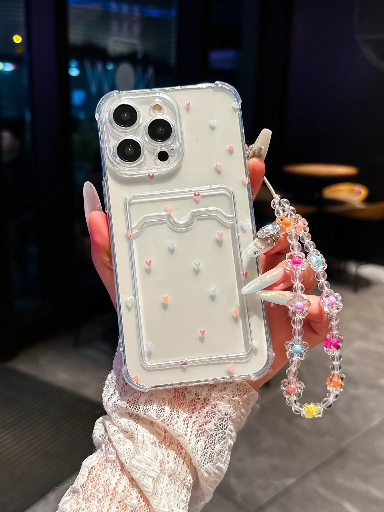 Shockproof Heart-Shaped Element Cardholder Phone Case Colorful Heart-Shaped Card Holder Anti-Drop Phone Case Comes With A Beaded Wrist Strap Lanyard, Compatible With IPhone Apple 14 Pro Max, 13, 15, 1