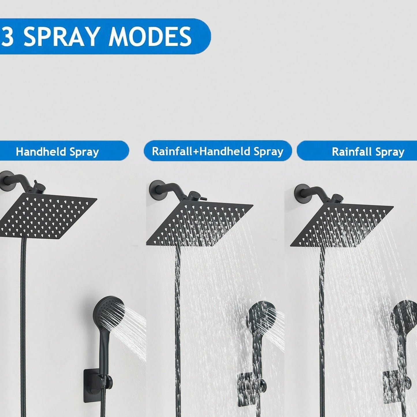 Shower Head Combo,8/10/12" Rain Square Shower Head With 9 Inch Adjustable Extension Arm And 3 Settings Handheld Spray,150cm Long Hose,Wall-Mounted,Adjustable Height, Home Bathroom Decor,Shower Acce