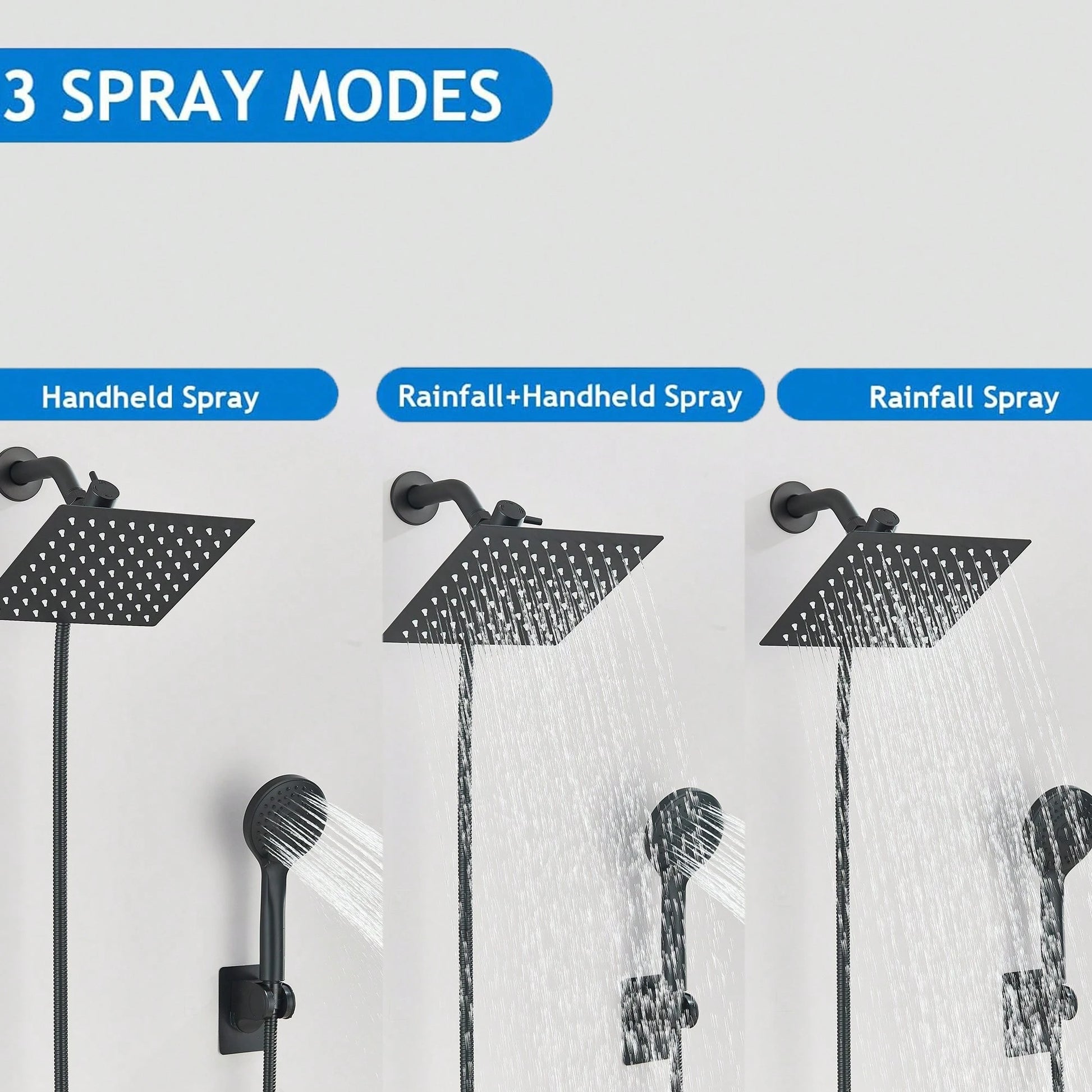 Shower Head Combo,8/10/12" Rain Square Shower Head With 9 Inch Adjustable Extension Arm And 3 Settings Handheld Spray,150cm Long Hose,Wall-Mounted,Adjustable Height, Home Bathroom Decor,Shower Acce