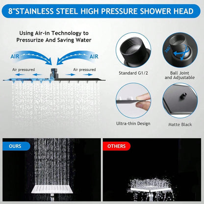 Shower Head Combo,8/10/12" Rain Square Shower Head With 9 Inch Adjustable Extension Arm And 3 Settings Handheld Spray,150cm Long Hose,Wall-Mounted,Adjustable Height, Home Bathroom Decor,Shower Acce