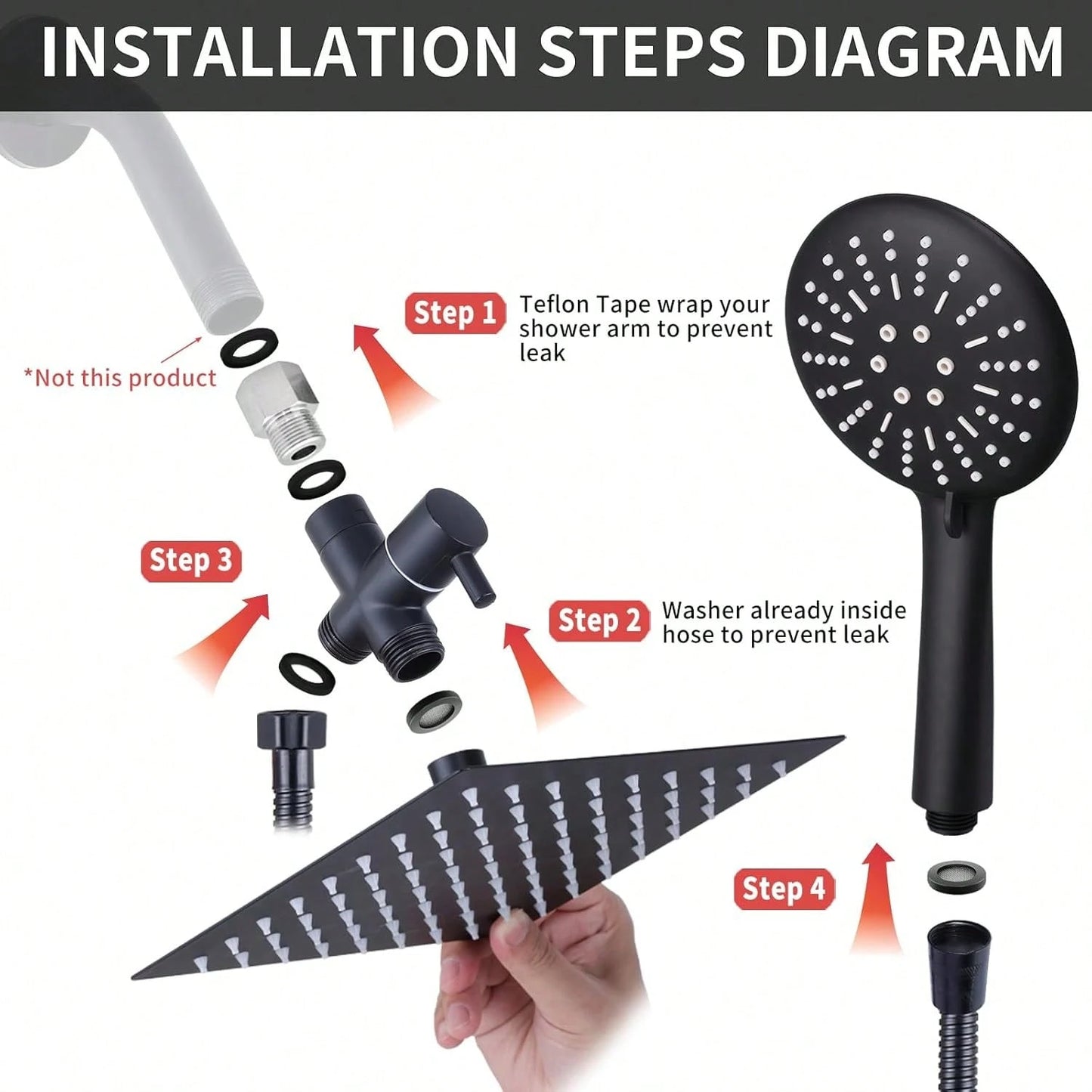 Shower Head Combo,8/10/12" Rain Square Shower Head With 9 Inch Adjustable Extension Arm And 3 Settings Handheld Spray,150cm Long Hose,Wall-Mounted,Adjustable Height, Home Bathroom Decor,Shower Acce