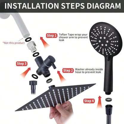 Shower Head Combo,8/10/12" Rain Square Shower Head With 9 Inch Adjustable Extension Arm And 3 Settings Handheld Spray,150cm Long Hose,Wall-Mounted,Adjustable Height, Home Bathroom Decor,Shower Acce