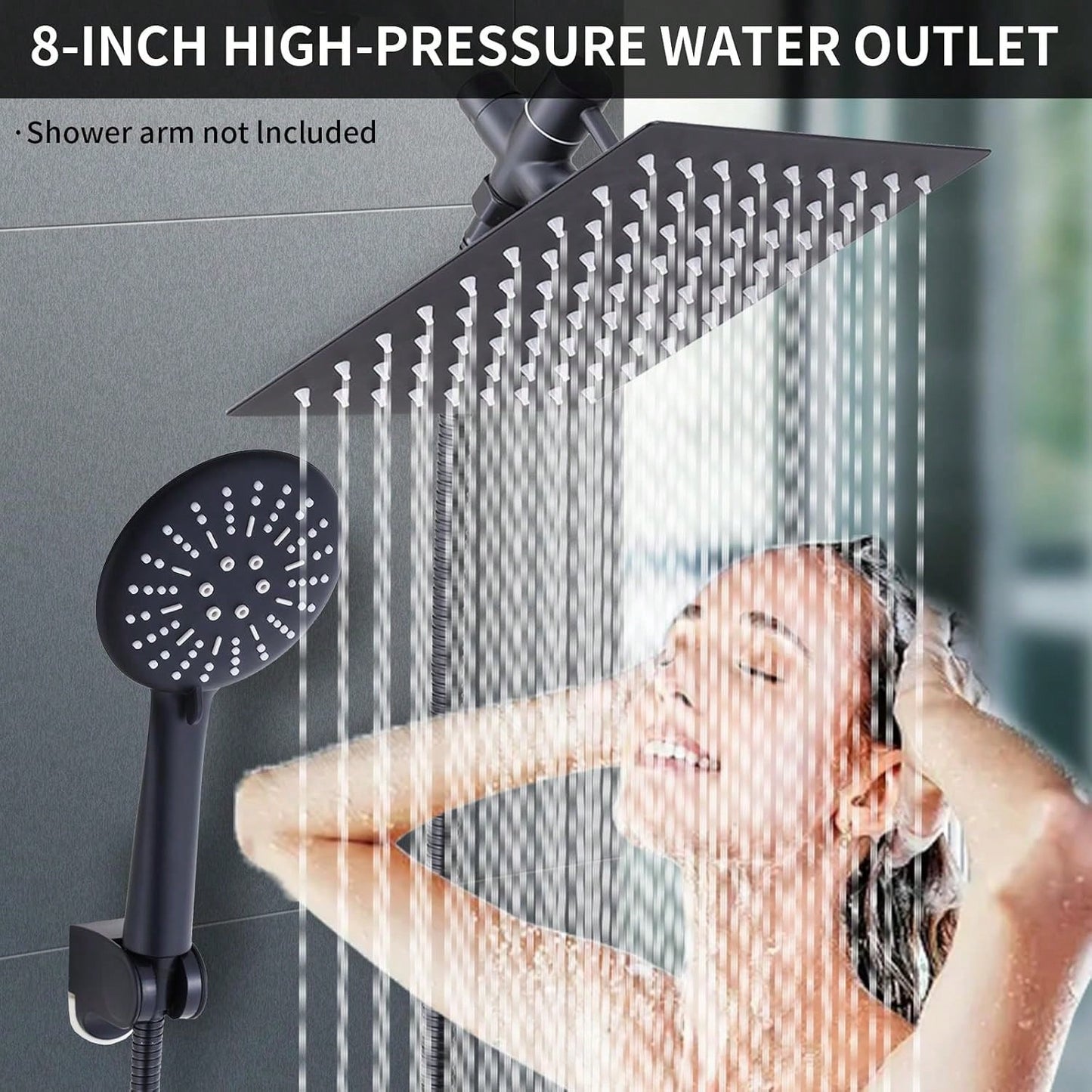 Shower Head Combo,8/10/12" Rain Square Shower Head With 9 Inch Adjustable Extension Arm And 3 Settings Handheld Spray,150cm Long Hose,Wall-Mounted,Adjustable Height, Home Bathroom Decor,Shower Acce