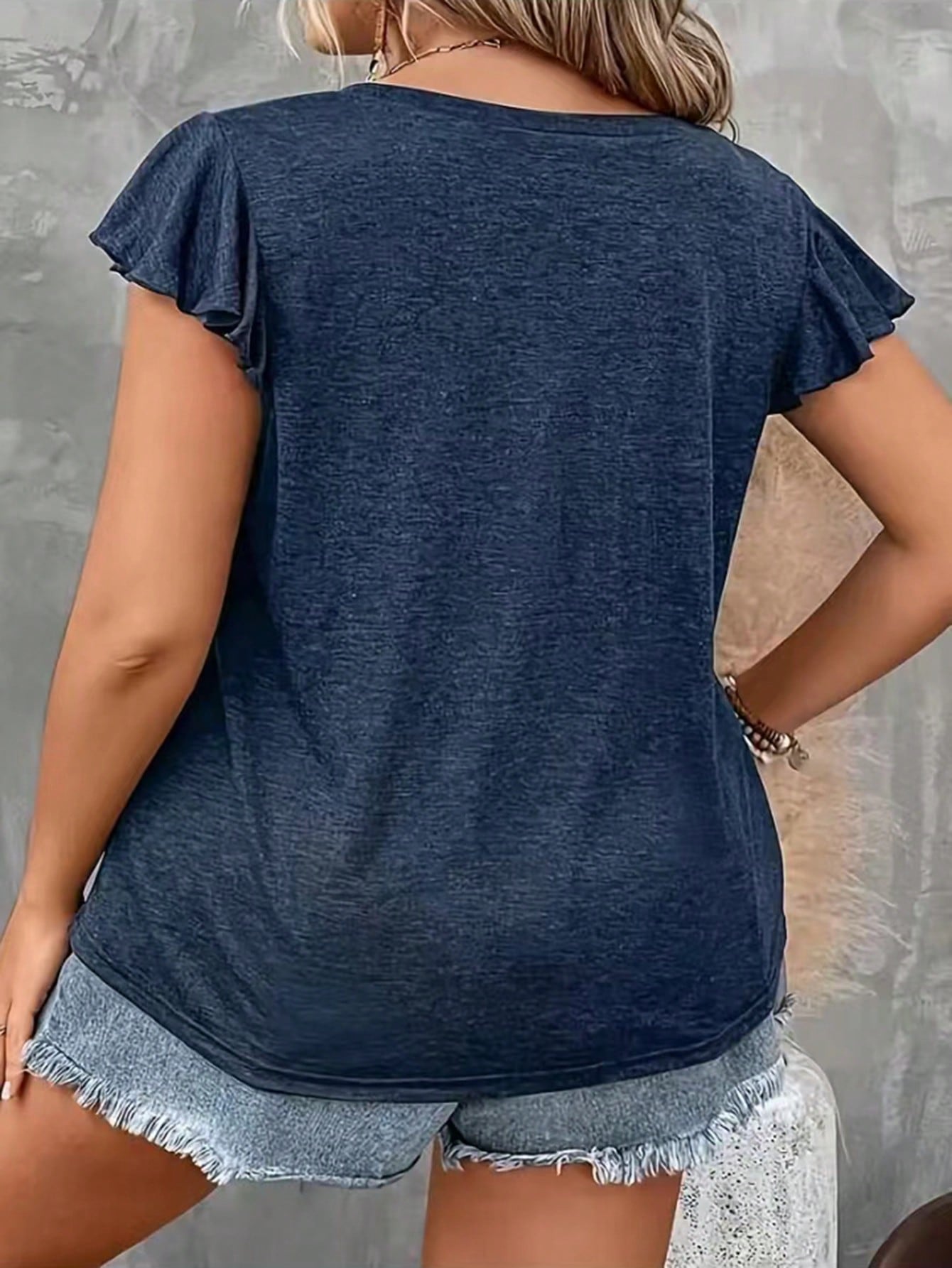 Silhoulove Plus Size Women's V-Neck Flutter Sleeve T-Shirt