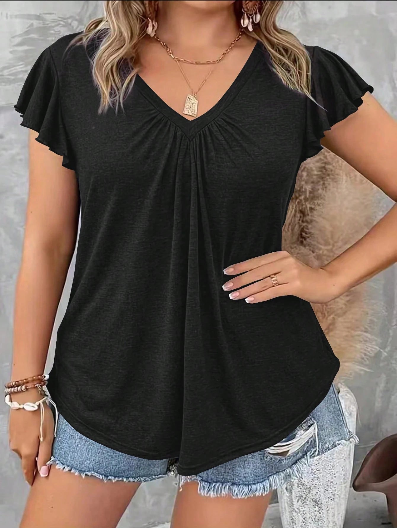 Silhoulove Plus Size Women's V-Neck Flutter Sleeve T-Shirt