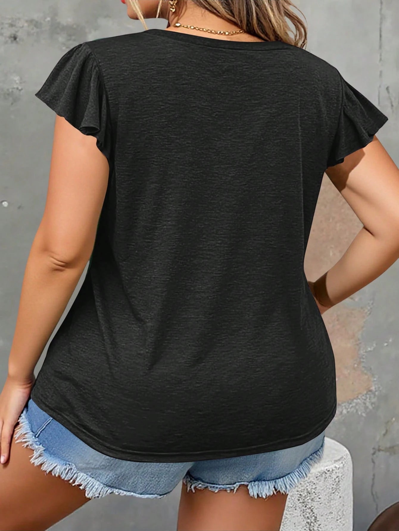 Silhoulove Plus Size Women's V-Neck Flutter Sleeve T-Shirt