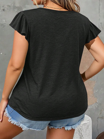 Silhoulove Plus Size Women's V-Neck Flutter Sleeve T-Shirt