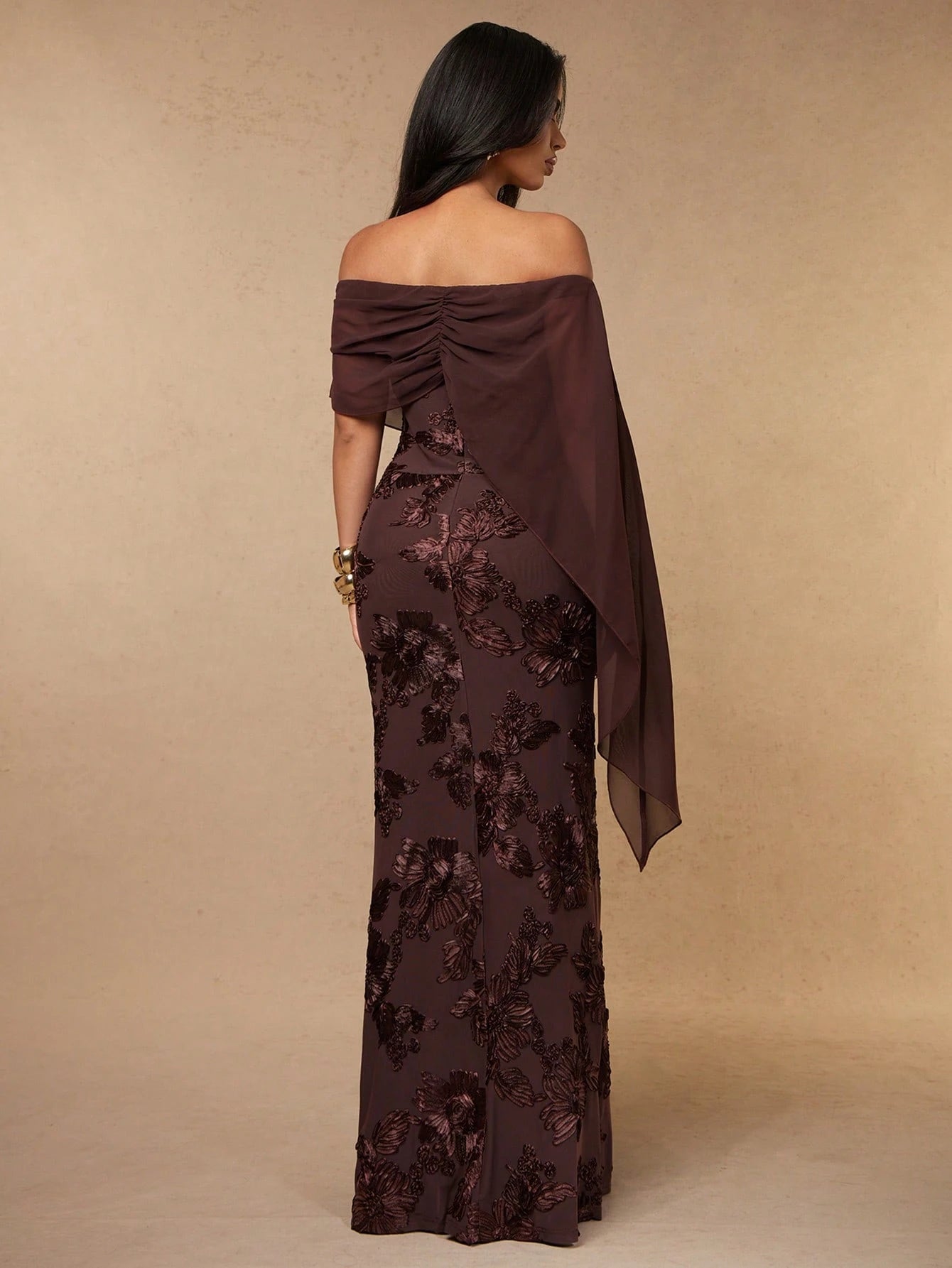 Silquee Coffee Brown Floral Off-Shoulder Chiffon Shawl 3D Embroidery Elegant Women's Long Mermaid Dress,Autumn Dining Wedding Party Bridesmaid Cocktail Gown