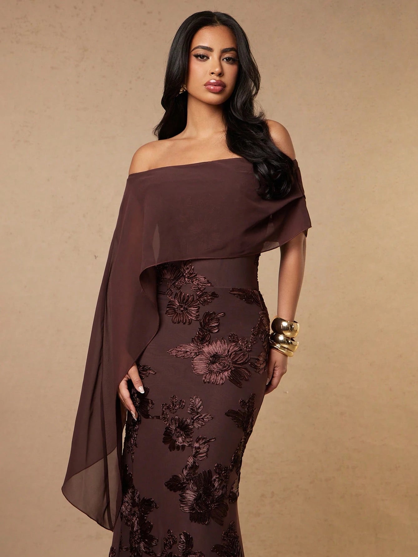 Silquee Coffee Brown Floral Off-Shoulder Chiffon Shawl 3D Embroidery Elegant Women's Long Mermaid Dress,Autumn Dining Wedding Party Bridesmaid Cocktail Gown
