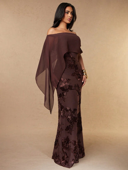 Silquee Coffee Brown Floral Off-Shoulder Chiffon Shawl 3D Embroidery Elegant Women's Long Mermaid Dress,Autumn Dining Wedding Party Bridesmaid Cocktail Gown