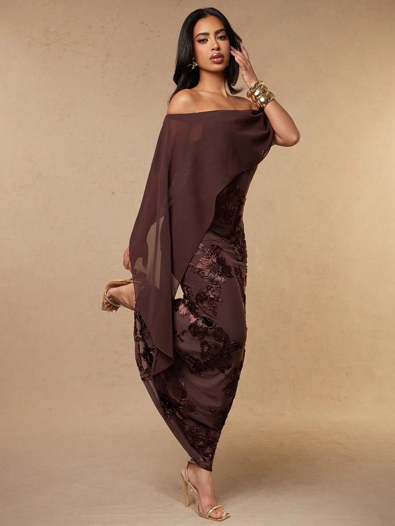 Silquee Coffee Brown Floral Off-Shoulder Chiffon Shawl 3D Embroidery Elegant Women's Long Mermaid Dress,Autumn Dining Wedding Party Bridesmaid Cocktail Gown