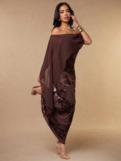 Silquee Coffee Brown Floral Off-Shoulder Chiffon Shawl 3D Embroidery Elegant Women's Long Mermaid Dress,Autumn Dining Wedding Party Bridesmaid Cocktail Gown