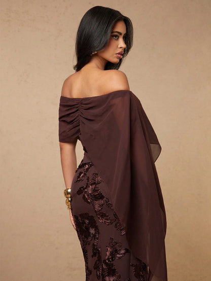 Silquee Coffee Brown Floral Off-Shoulder Chiffon Shawl 3D Embroidery Elegant Women's Long Mermaid Dress,Autumn Dining Wedding Party Bridesmaid Cocktail Gown