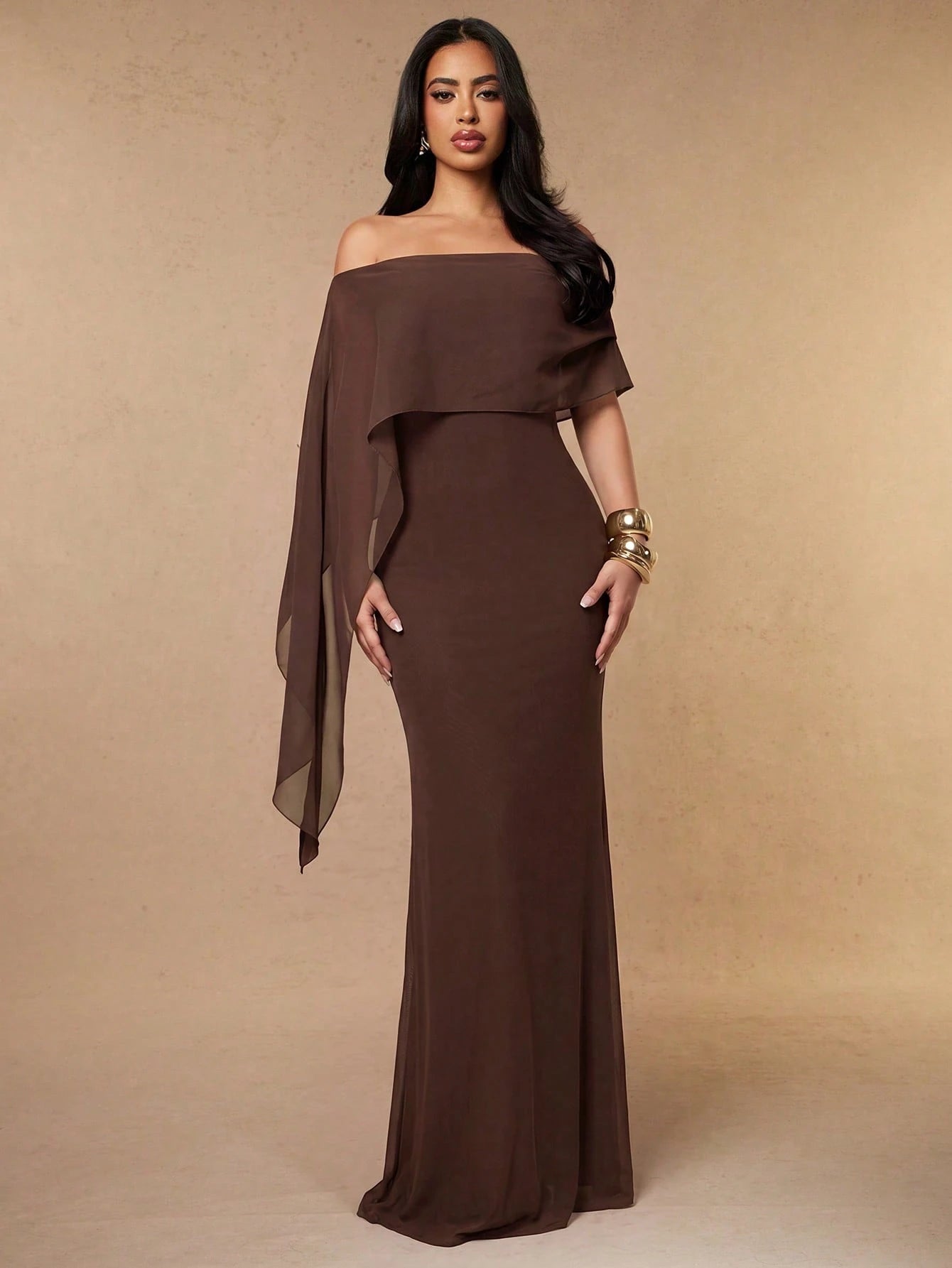 Silquee Coffee Brown Floral Off-Shoulder Chiffon Shawl 3D Embroidery Elegant Women's Long Mermaid Dress,Autumn Dining Wedding Party Bridesmaid Cocktail Gown