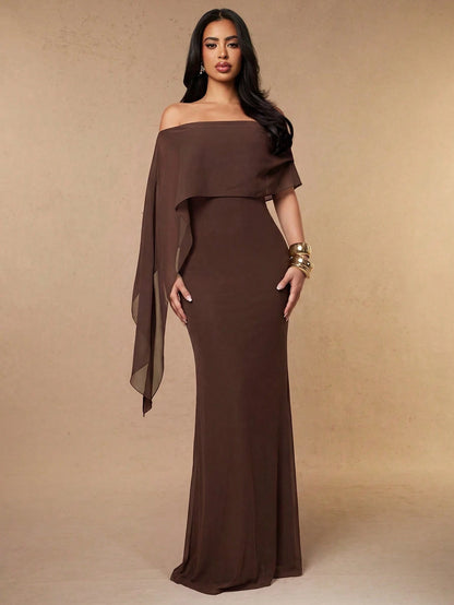 Silquee Coffee Brown Floral Off-Shoulder Chiffon Shawl 3D Embroidery Elegant Women's Long Mermaid Dress,Autumn Dining Wedding Party Bridesmaid Cocktail Gown
