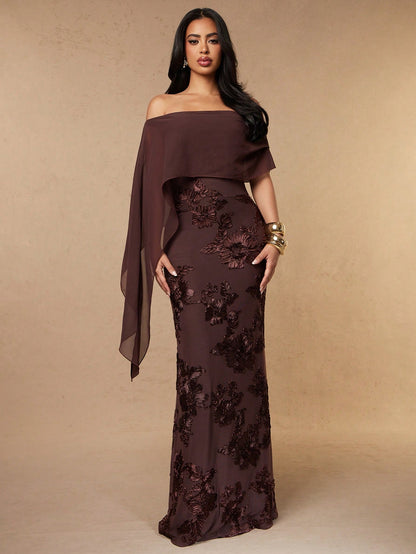 Silquee Coffee Brown Floral Off-Shoulder Chiffon Shawl 3D Embroidery Elegant Women's Long Mermaid Dress,Autumn Dining Wedding Party Bridesmaid Cocktail Gown