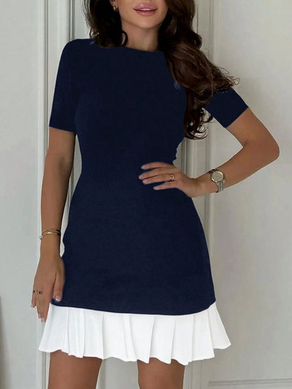 Siren Gaze Intellectual Pleated Hem Patchwork Round Neck Versatile Mini Dress,Business Casual Woman Women Attire Elegant Summer Evening Party Blue Formal