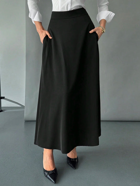 Siren Gaze Solid High Waist Hidden Pocket Skirt,Ladies Casual Ruffle,Zipper Maxi Regular Fit Ultra Black Plain Women Skirts,Spring/Fall,Casual Daily Wear Winter
