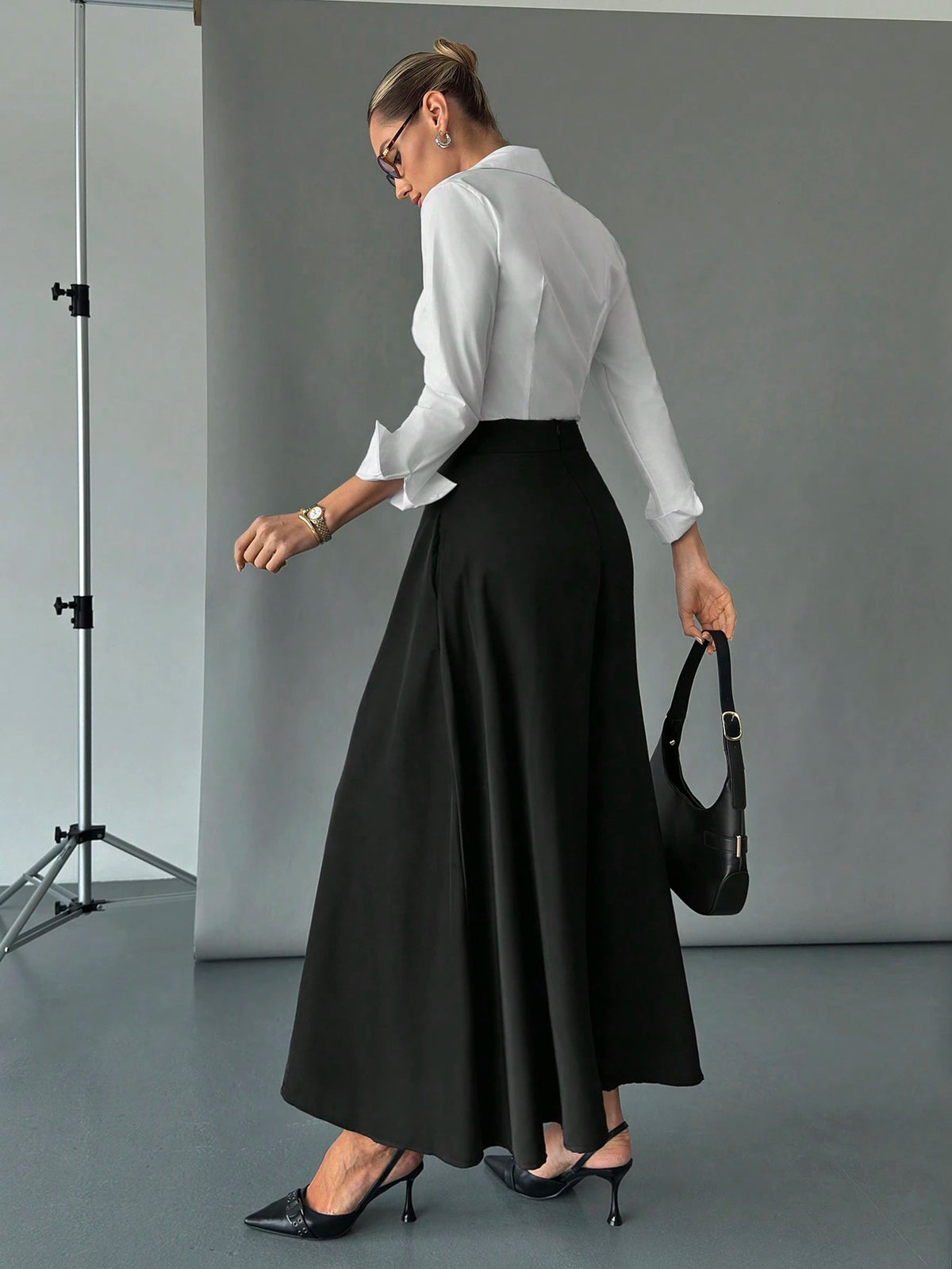 Siren Gaze Solid High Waist Hidden Pocket Skirt,Ladies Casual Ruffle,Zipper Maxi Regular Fit Ultra Black Plain Women Skirts,Spring/Fall,Casual Daily Wear Winter