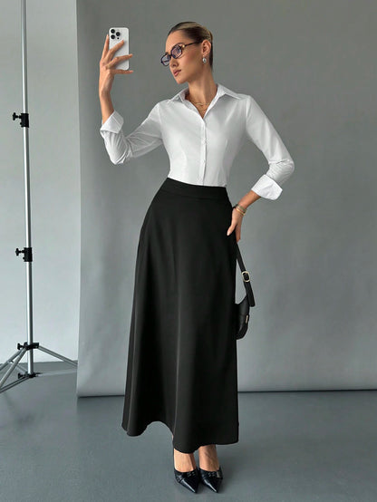 Siren Gaze Solid High Waist Hidden Pocket Skirt,Ladies Casual Ruffle,Zipper Maxi Regular Fit Ultra Black Plain Women Skirts,Spring/Fall,Casual Daily Wear Winter