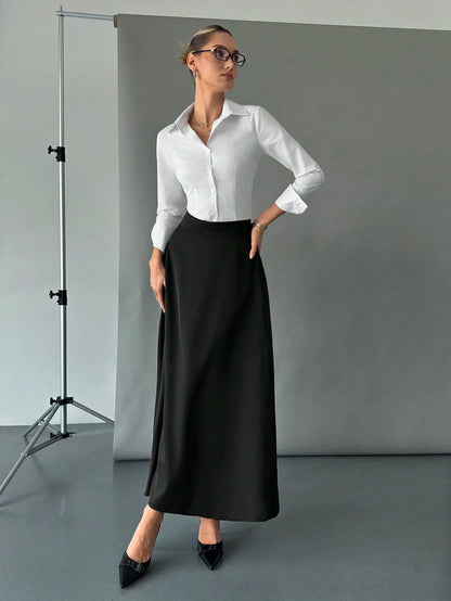 Siren Gaze Solid High Waist Hidden Pocket Skirt,Ladies Casual Ruffle,Zipper Maxi Regular Fit Ultra Black Plain Women Skirts,Spring/Fall,Casual Daily Wear Winter