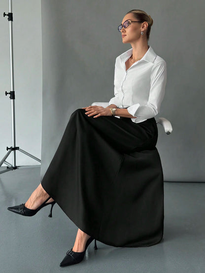 Siren Gaze Solid High Waist Hidden Pocket Skirt,Ladies Casual Ruffle,Zipper Maxi Regular Fit Ultra Black Plain Women Skirts,Spring/Fall,Casual Daily Wear Winter