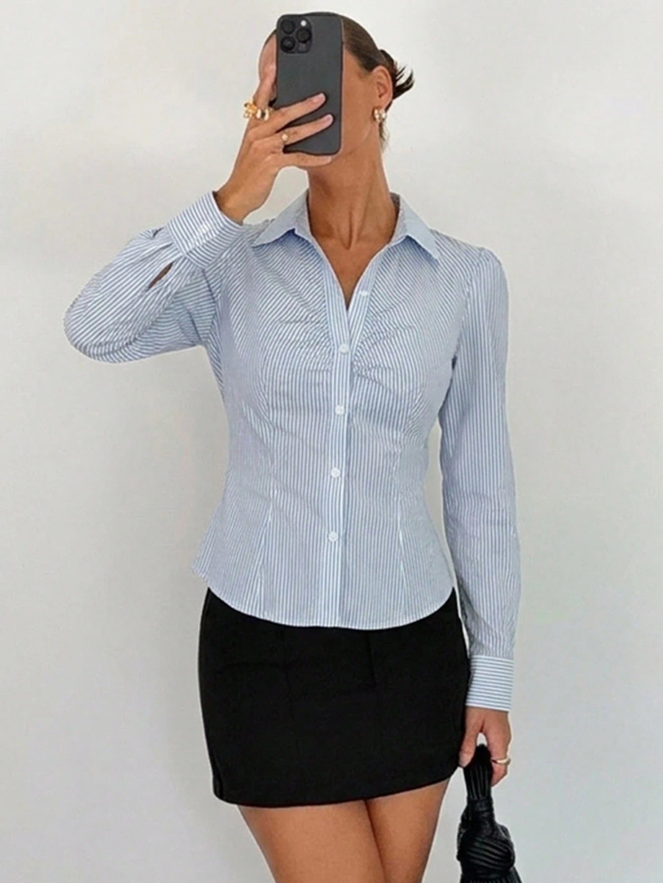 Siren Gaze Women's 100% Cotton Blue & White Stripe Pleated Button‑Down Collared Blouse – Long‑Sleeve Office Shirt, Elegant Business Casual For Work & Commute, Teacher Shirt, All‑Season, Back To School