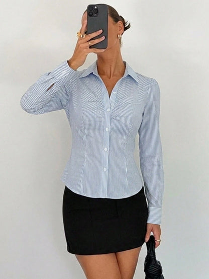 Siren Gaze Women's 100% Cotton Blue & White Stripe Pleated Button‑Down Collared Blouse – Long‑Sleeve Office Shirt, Elegant Business Casual For Work & Commute, Teacher Shirt, All‑Season, Back To School