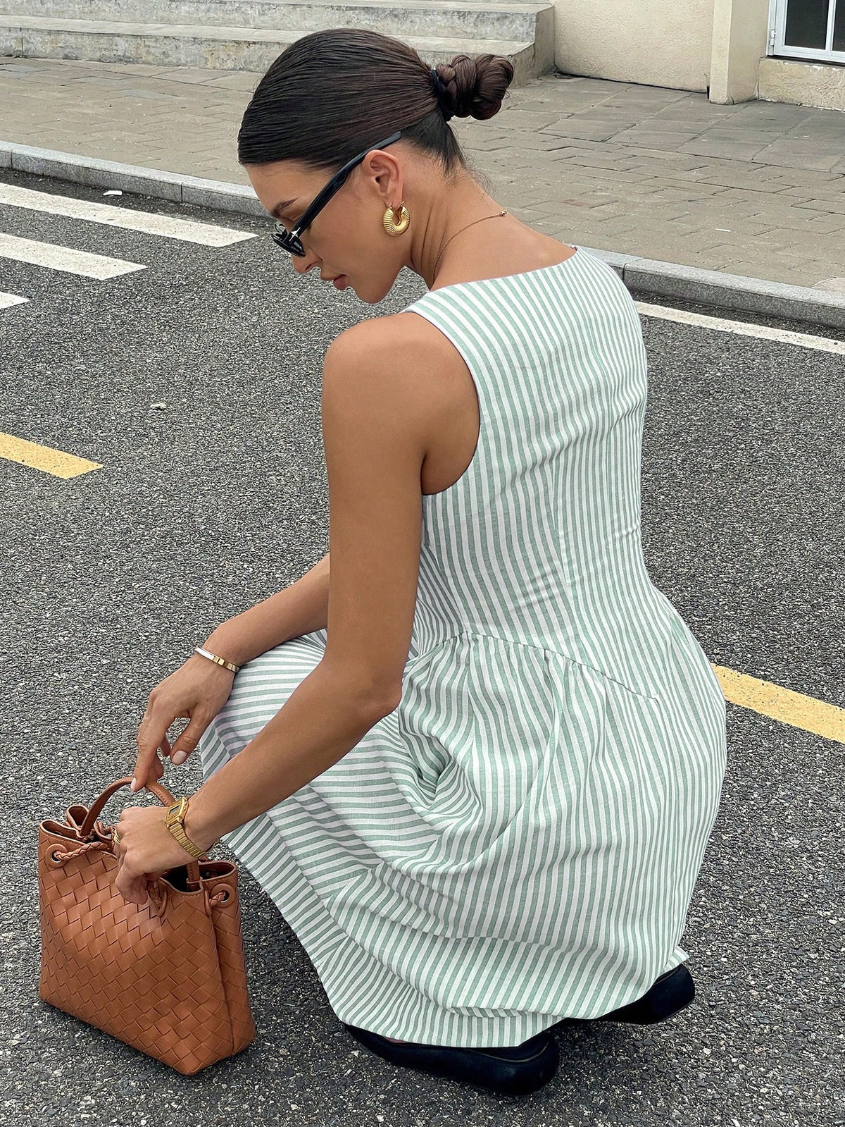Siren Gaze Women Striped Printed Square Neck Sleeveless Mid-Calf Dress, Summer Green Vacation Casual Christmas Holiday Resort
