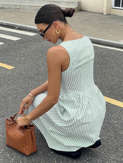 Siren Gaze Women Striped Printed Square Neck Sleeveless Mid-Calf Dress, Summer Green Vacation Casual Christmas Holiday Resort