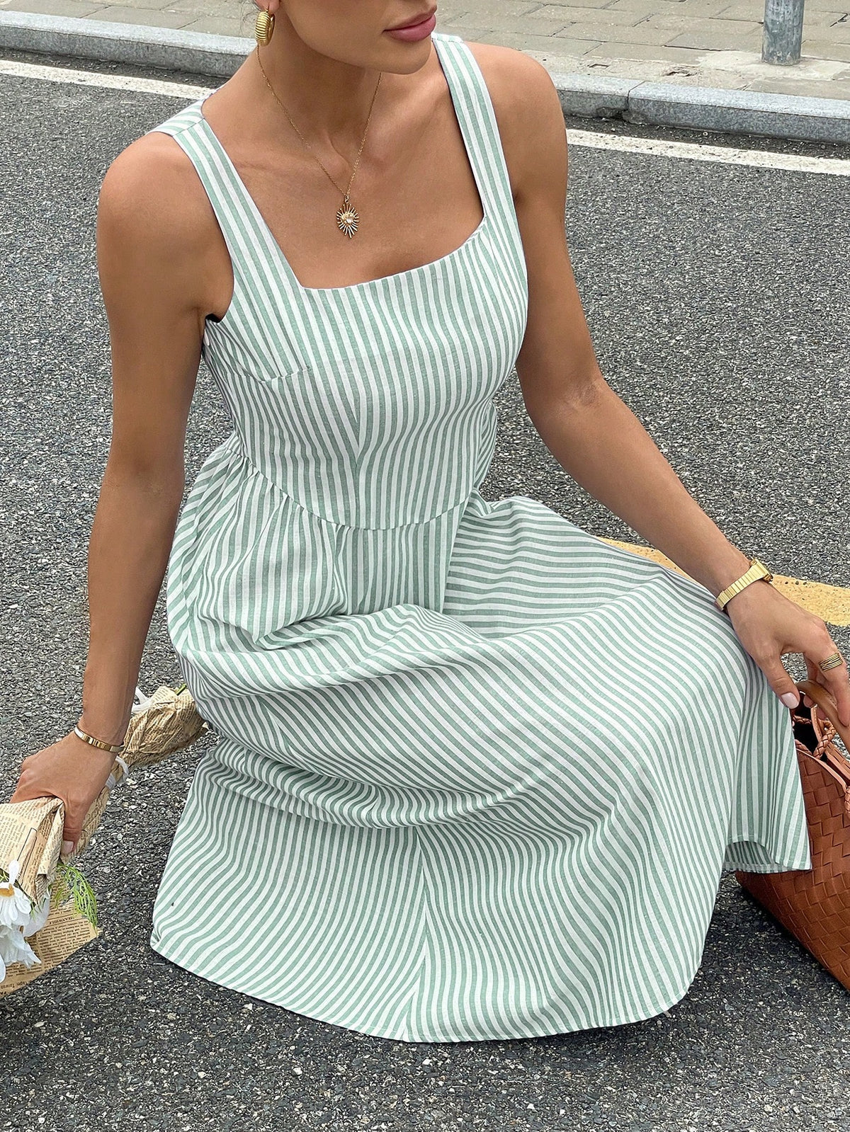 Siren Gaze Women Striped Printed Square Neck Sleeveless Mid-Calf Dress, Summer Green Vacation Casual Christmas Holiday Resort