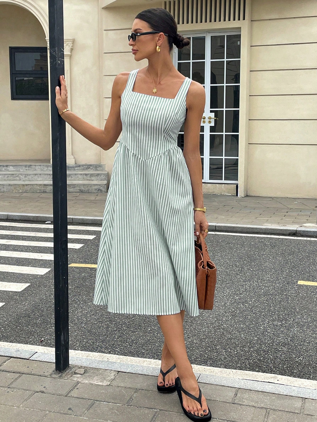 Siren Gaze Women Striped Printed Square Neck Sleeveless Mid-Calf Dress, Summer Green Vacation Casual Christmas Holiday Resort