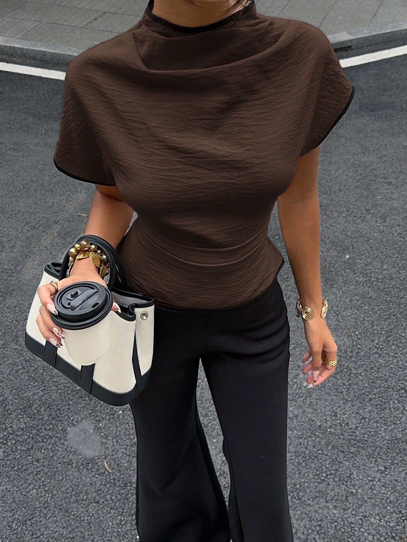 Siren Gaze Wrinkled Collar Asymmetrical Sleeve Side Ruched Cinched Waist Commuter Bamboo Fiber Fabric Women Shirt, Contrast Color Trim Shirt, All Season Elegant
