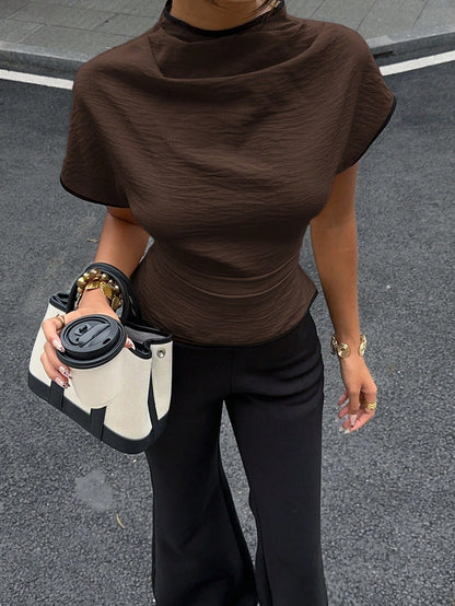 Siren Gaze Wrinkled Collar Asymmetrical Sleeve Side Ruched Cinched Waist Commuter Bamboo Fiber Fabric Women Shirt, Contrast Color Trim Shirt, All Season Elegant