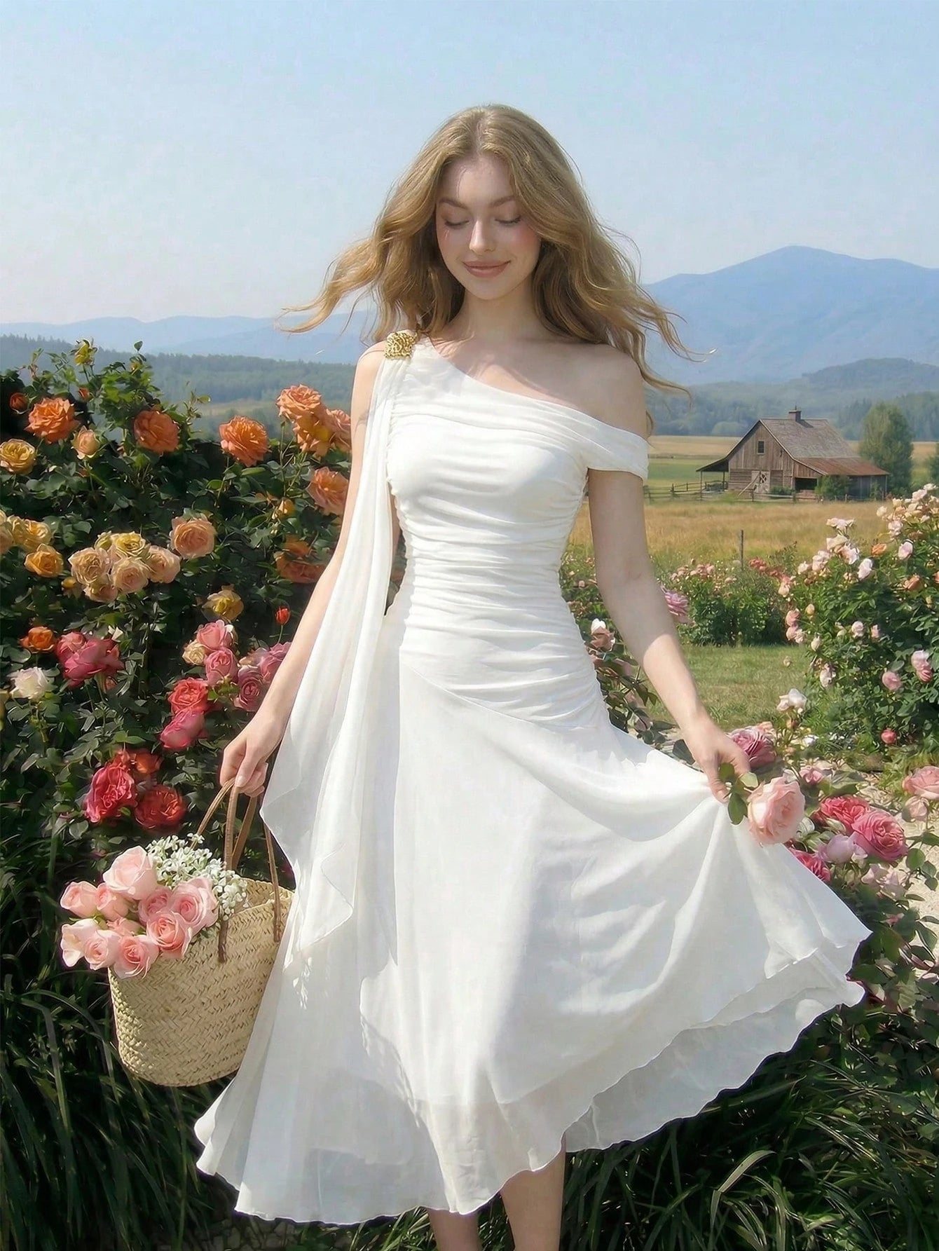 Skyraze Elegant Fairy White Summer Dress For Women,Asymmetric Mid-Length Graduation Wedding Vacation With Metal Buckle Ribbon Strap,French Style Guest