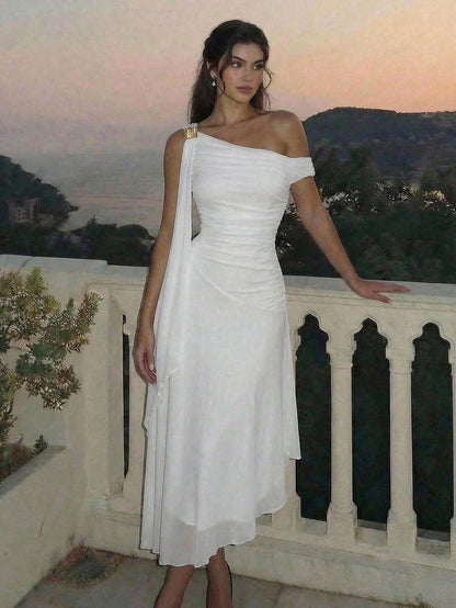 Skyraze Elegant Fairy White Summer Dress For Women,Asymmetric Mid-Length Graduation Wedding Vacation With Metal Buckle Ribbon Strap,French Style Guest