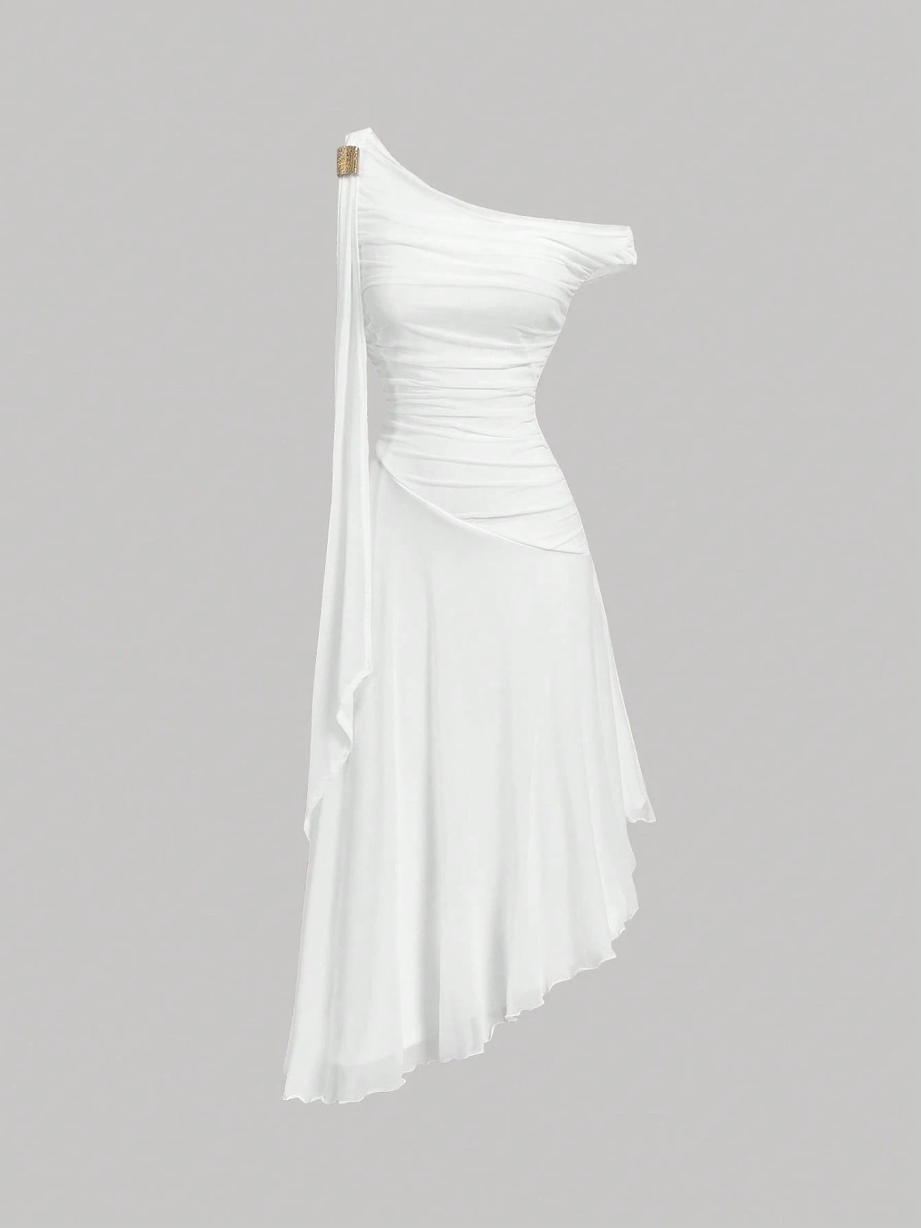 Skyraze Elegant Fairy White Summer Dress For Women,Asymmetric Mid-Length Graduation Wedding Vacation With Metal Buckle Ribbon Strap,French Style Guest