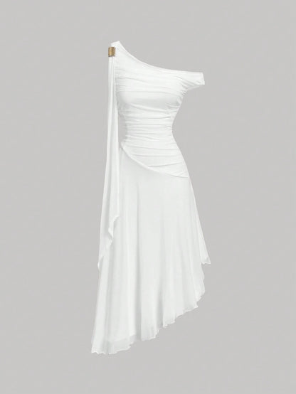 Skyraze Elegant Fairy White Summer Dress For Women,Asymmetric Mid-Length Graduation Wedding Vacation With Metal Buckle Ribbon Strap,French Style Guest