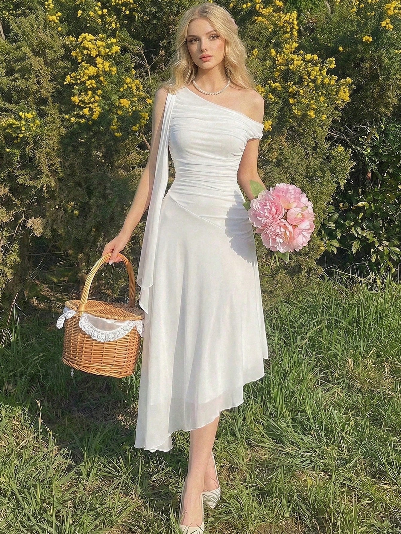 Skyraze Elegant Fairy White Summer Dress For Women,Asymmetric Mid-Length Graduation Wedding Vacation With Metal Buckle Ribbon Strap,French Style Guest