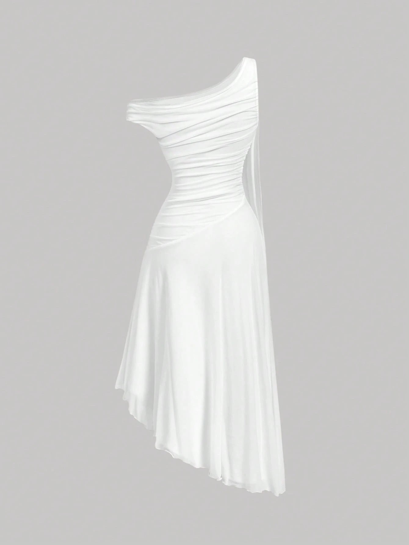 Skyraze Elegant Fairy White Summer Dress For Women,Asymmetric Mid-Length Graduation Wedding Vacation With Metal Buckle Ribbon Strap,French Style Guest