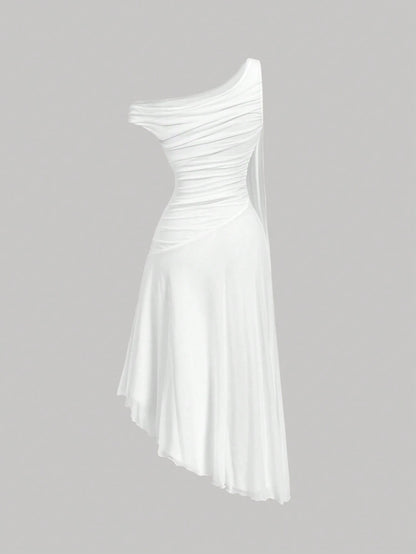 Skyraze Elegant Fairy White Summer Dress For Women,Asymmetric Mid-Length Graduation Wedding Vacation With Metal Buckle Ribbon Strap,French Style Guest