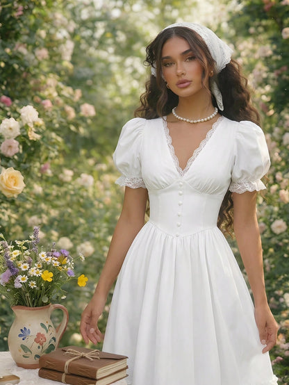 Skyraze Women's Elegant Tropical White Summer Maxi Dress,Victorian Inspired Lace V Neck Puff Sleeve Peplum Flowy A Line Long Dress,Tea Party Vacation Garden