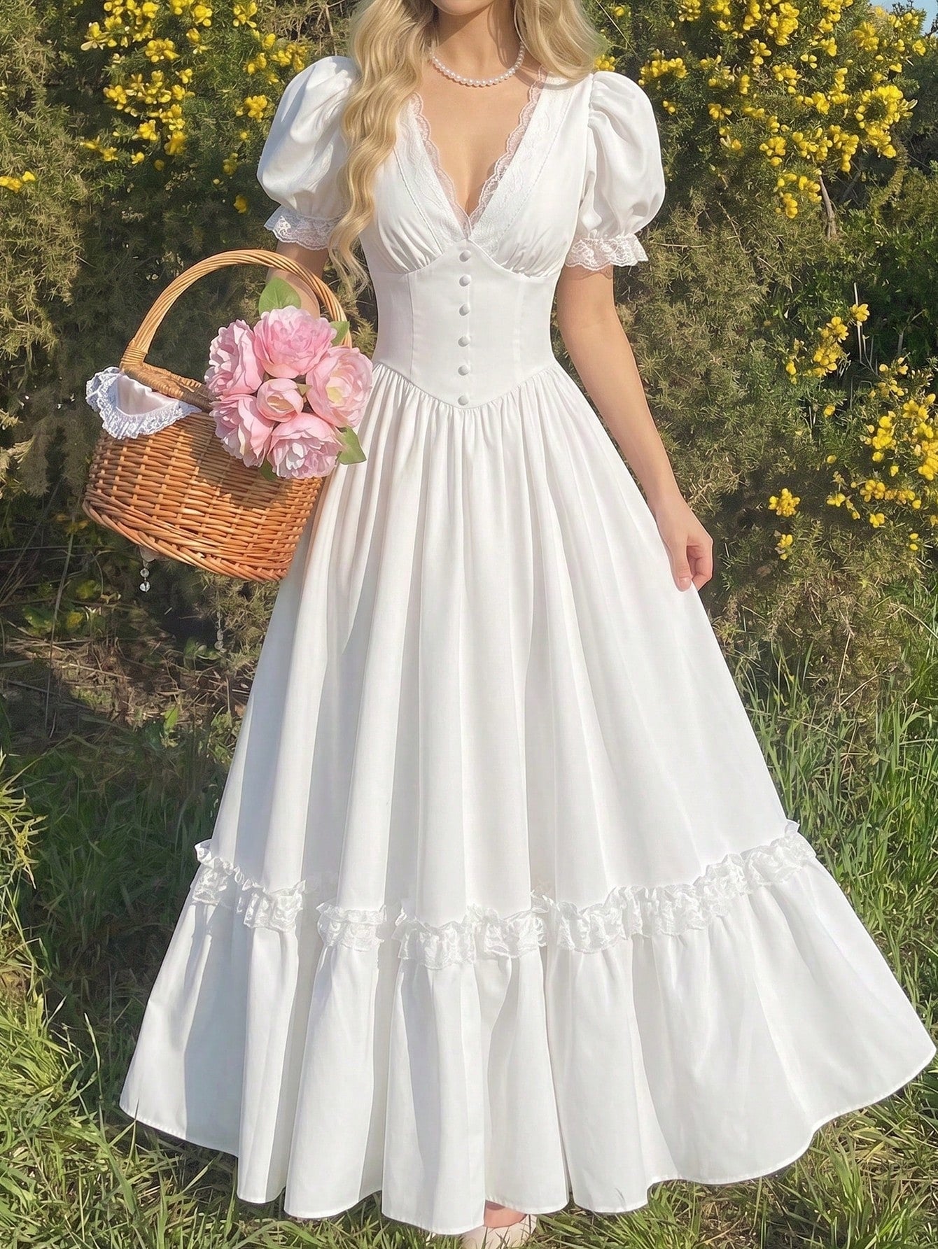 Skyraze Women's Elegant Tropical White Summer Maxi Dress,Victorian Inspired Lace V Neck Puff Sleeve Peplum Flowy A Line Long Dress,Tea Party Vacation Garden