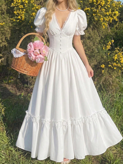 Skyraze Women's Elegant Tropical White Summer Maxi Dress,Victorian Inspired Lace V Neck Puff Sleeve Peplum Flowy A Line Long Dress,Tea Party Vacation Garden