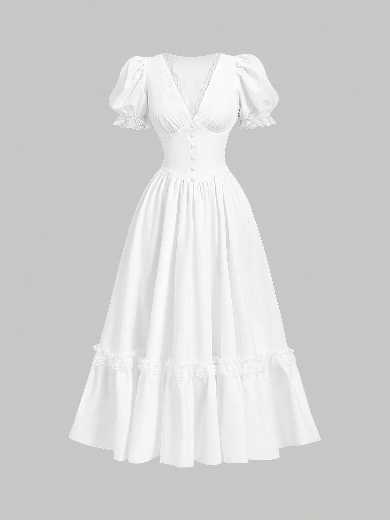 Skyraze Women's Elegant Tropical White Summer Maxi Dress,Victorian Inspired Lace V Neck Puff Sleeve Peplum Flowy A Line Long Dress,Tea Party Vacation Garden