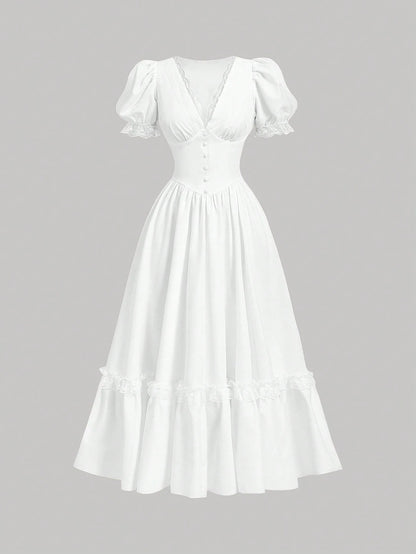Skyraze Women's Elegant Tropical White Summer Maxi Dress,Victorian Inspired Lace V Neck Puff Sleeve Peplum Flowy A Line Long Dress,Tea Party Vacation Garden